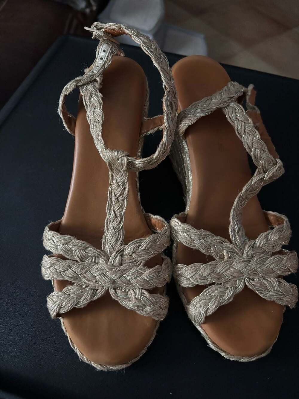 André Assous Maria Metallic Raffia T-Strap Wedge Sandals